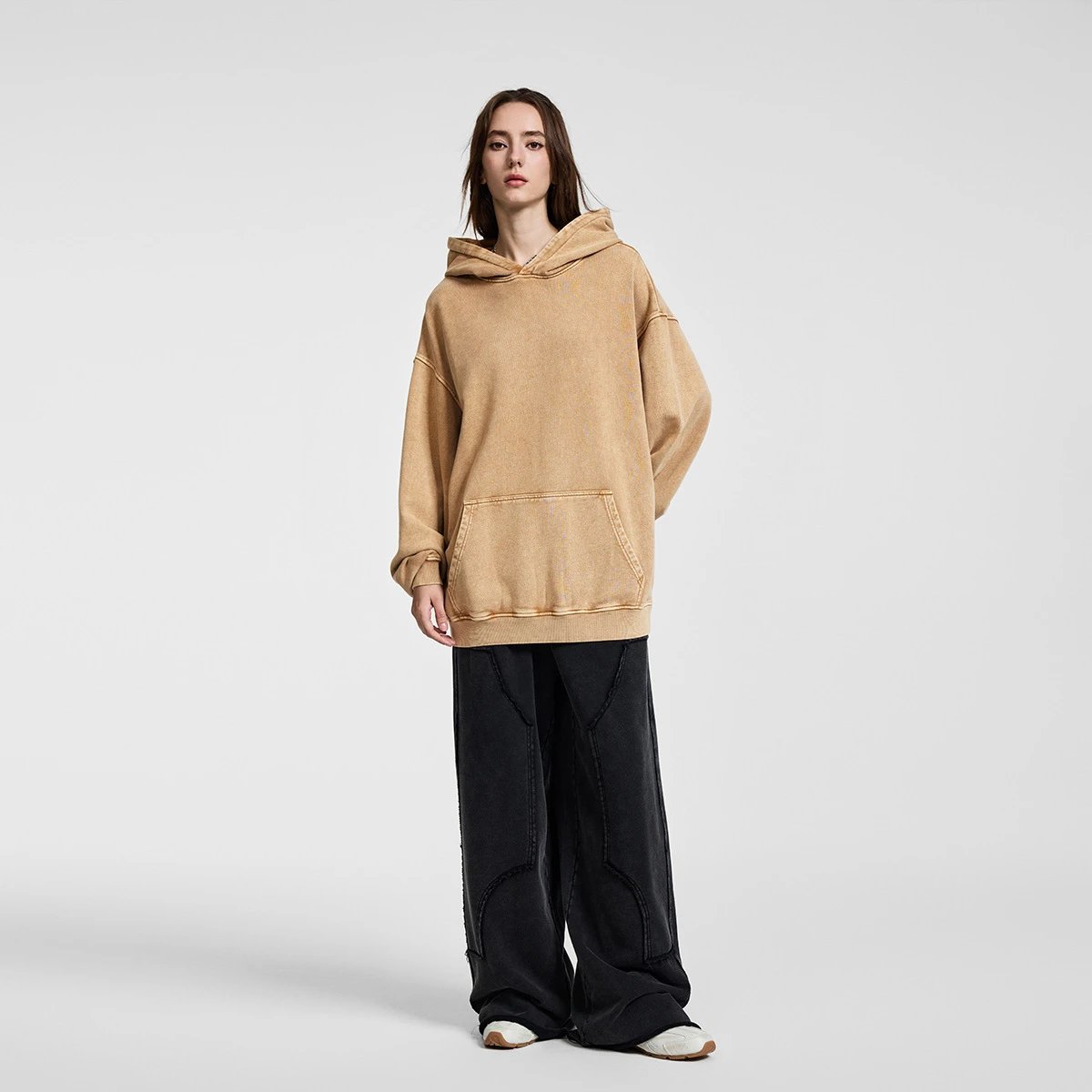 Men Heavyweight 420G Wax Dyed Washed Hoodie Light Gray - Gallery Image 4 - Detailed View