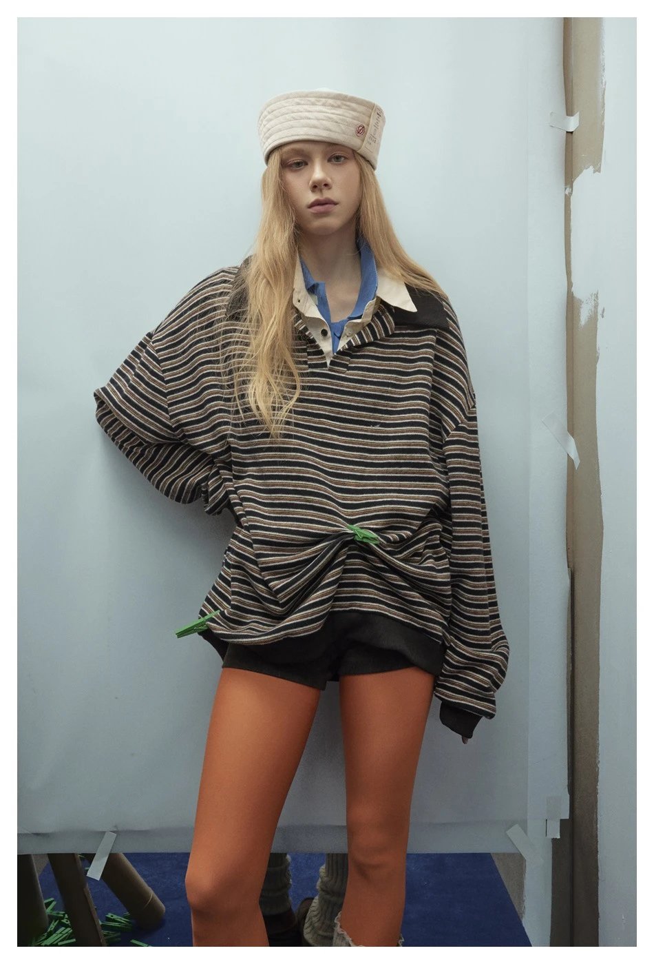 Oversized Striped Polo Shirt Unisex Long Sleeve Layered Obsidian - Gallery Image 1 - Detailed View