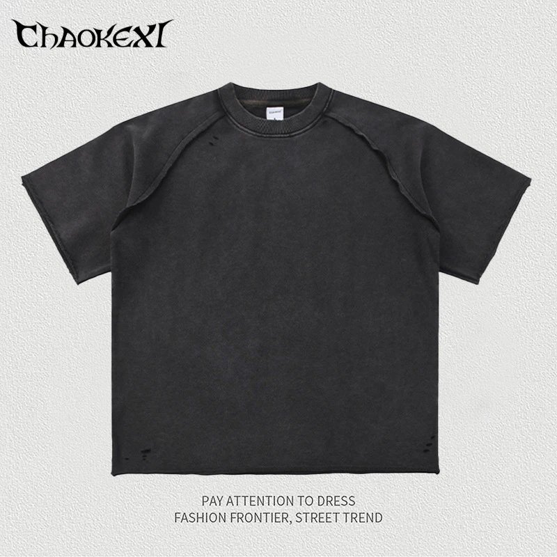Men's Retro Cotton Distressed Tee, Summer Onyx - CHAOKEXI - Cnfans - $23.23