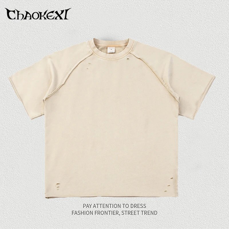 Vintage Distressed Cotton Tee, Summer Ash Apricot - CHAOKEXI - Cnfans - $23.23
