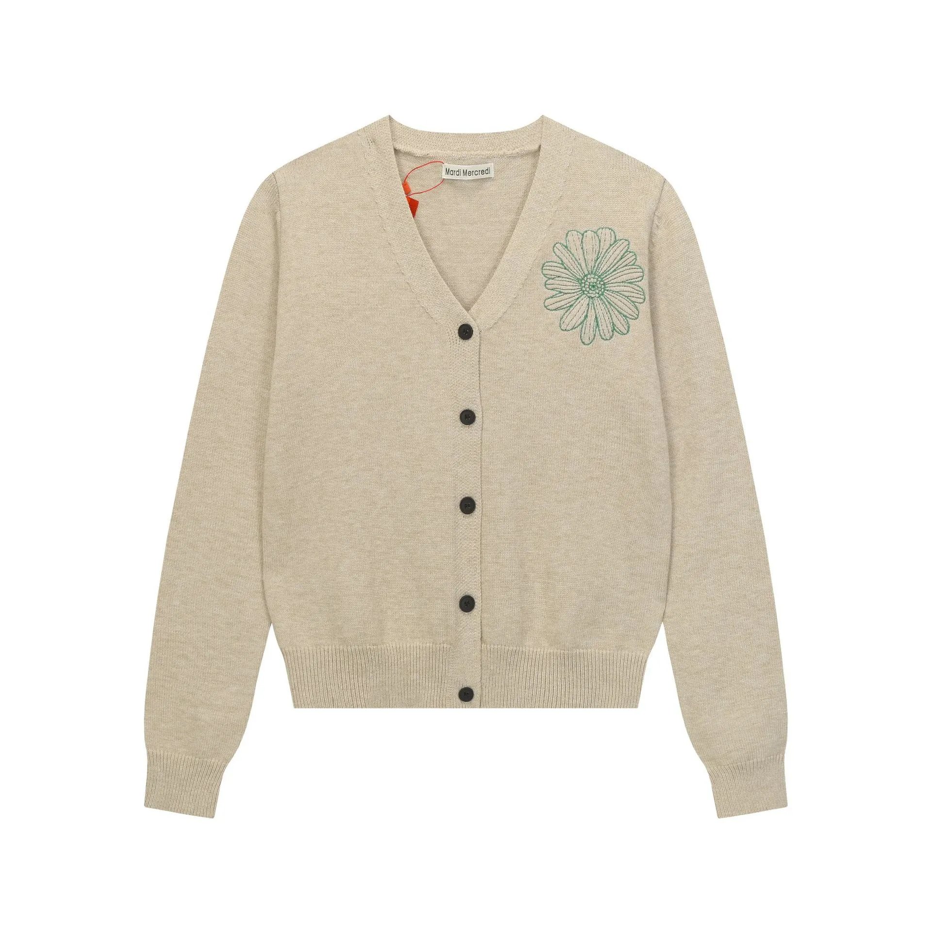Women's Daisy Embroidered V-Neck Knit Cardigan, Ecru - High Quality Product Image - Cnfans