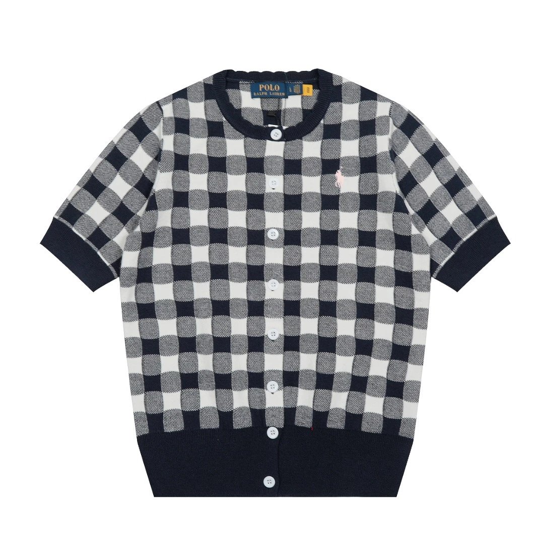 Plaid Knit Short Sleeve Cardigan Top - Navy - Ralph Lauren - Cnfans - $29.03
