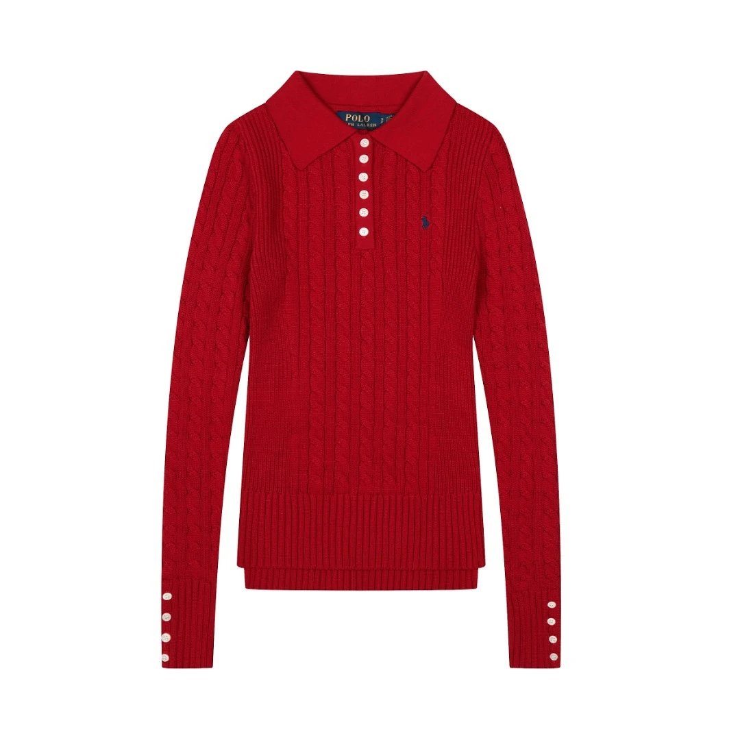 Cable Knit Polo Sweater Classic Scarlet - Ralph Lauren - Cnfans - $42.58