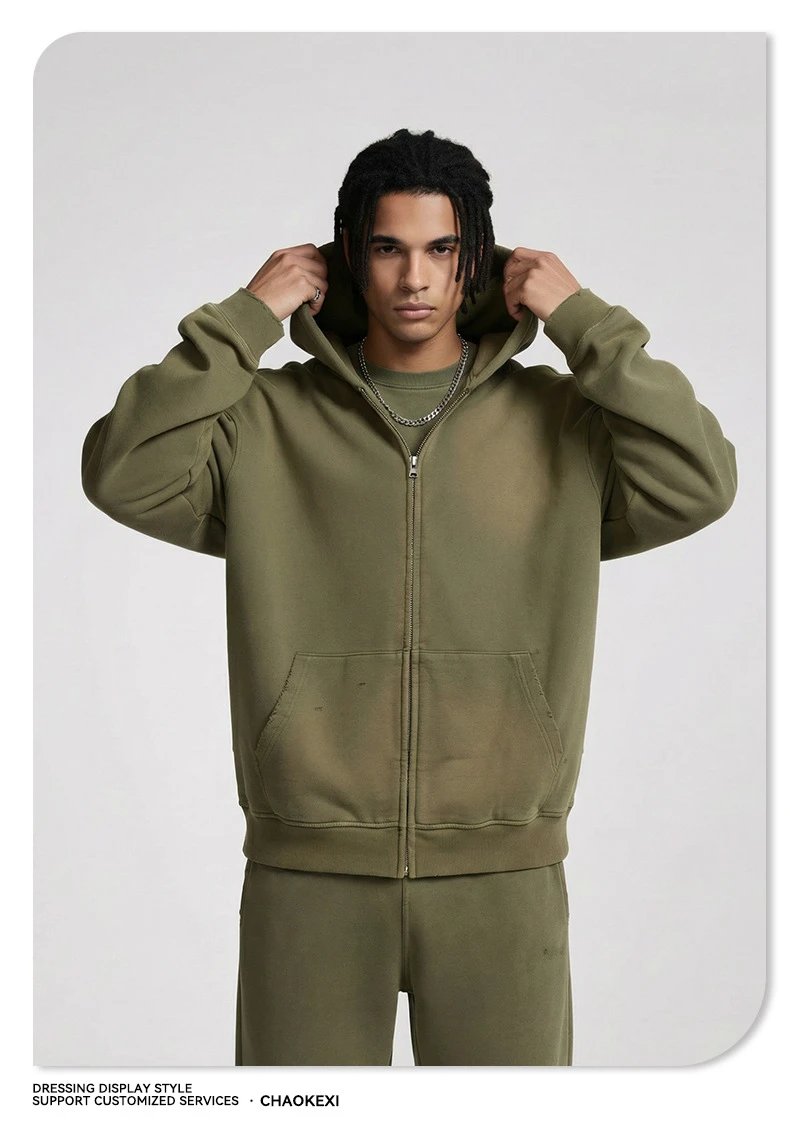 American High Street Cotton Zip Hoodie Retro Loose Men Taupe Khaki - Gallery Image 11 - Detailed View