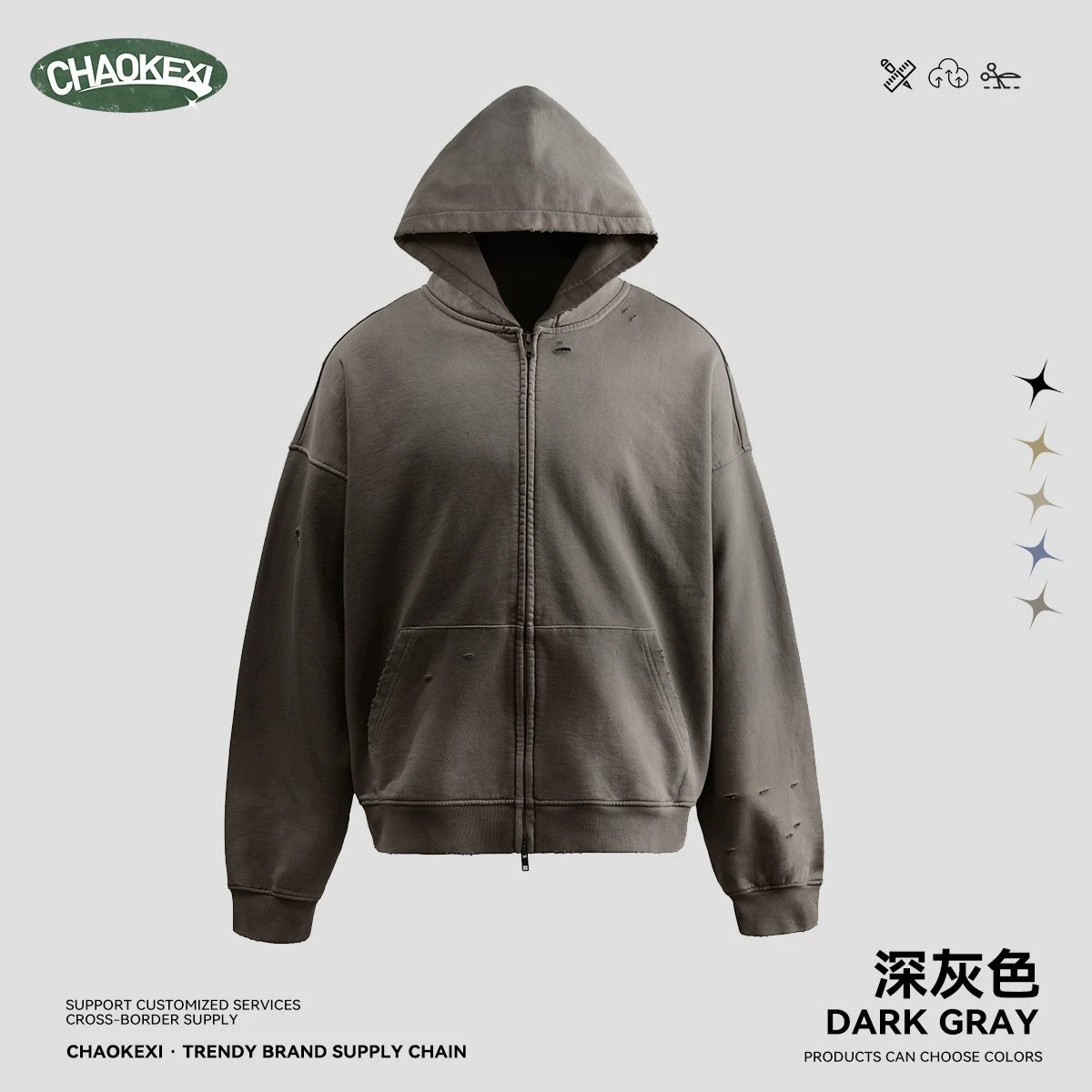 American High Street Vintage Cotton Zip Hoodie Jacket Charcoal Gray - CHAOKEXI（潮可喜） - Cnfans - $39.92