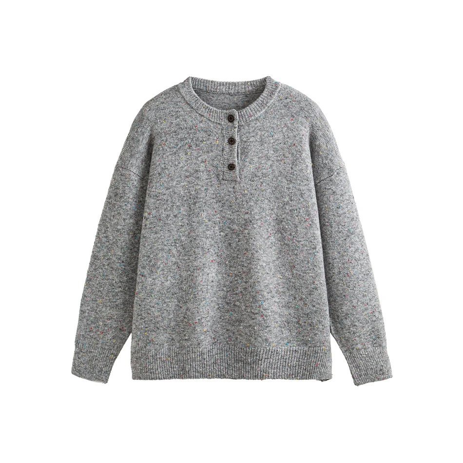 Men's Casual Henley Flecked Knit Sweater Fall Winter Ecru - Gallery Image 3 - Detailed View