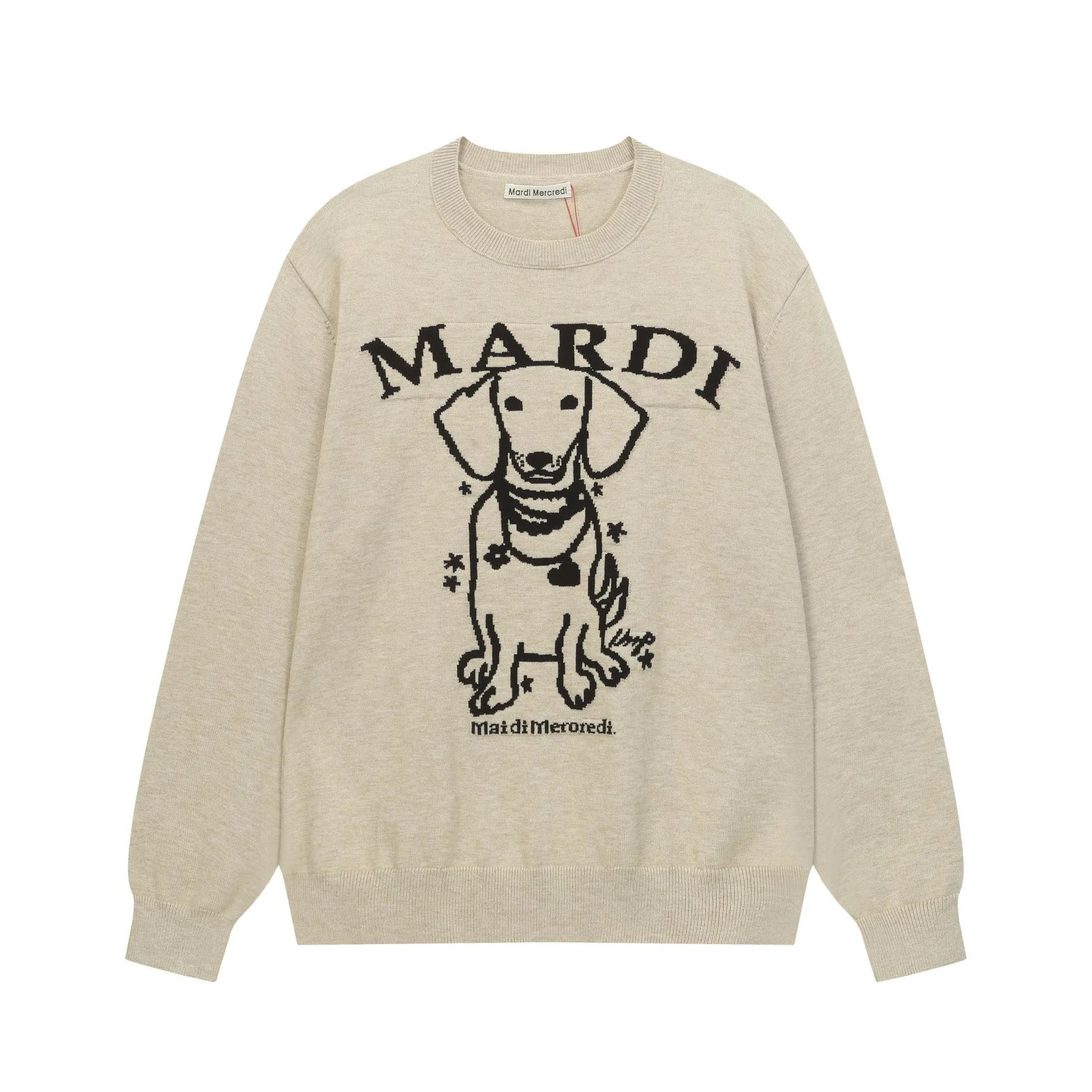 AW25 Mardi Dachshund Dog Wool Blend Knit Crewneck Sweater Oatmeal - Mardi Mercredi - Cnfans - $29.03