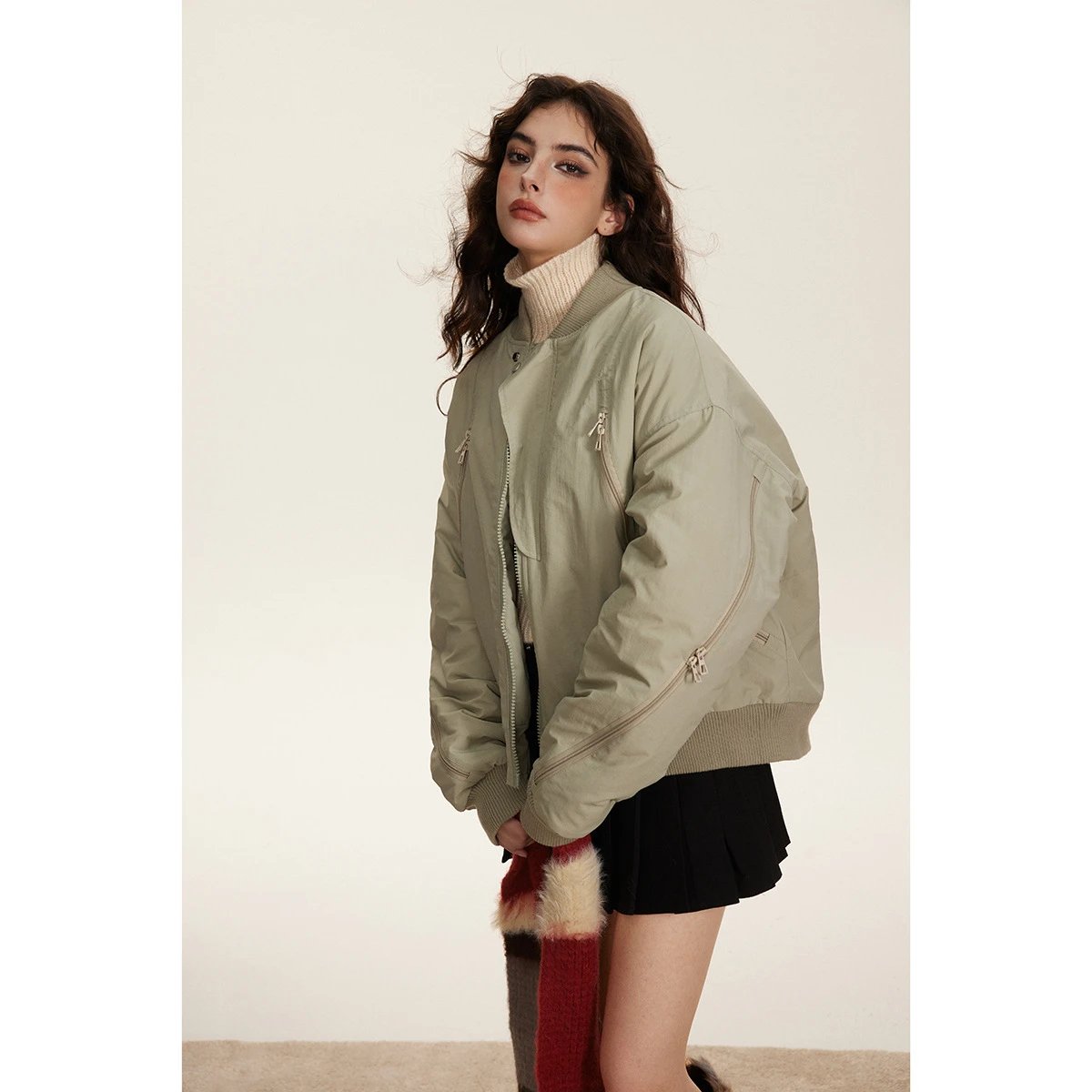 Unisex Retro Oversized Padded MA1 Bomber Jacket Sage Green - Gallery Image 2 - Detailed View