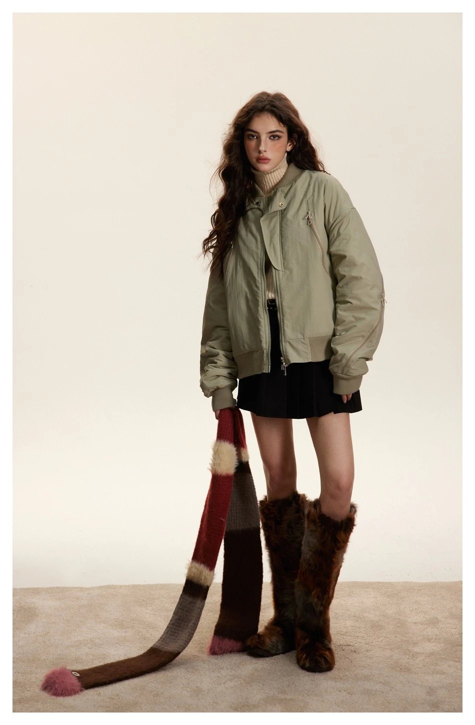 Unisex Retro Oversized Padded MA1 Bomber Jacket Sage Green - Gallery Image 5 - Detailed View