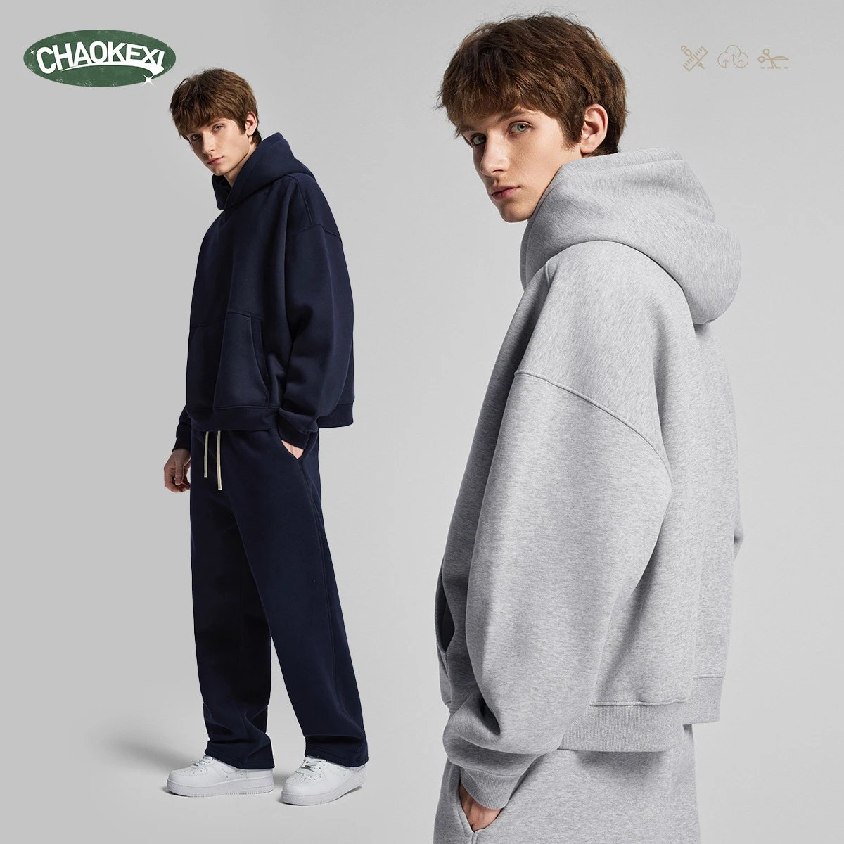 Men Boxy Fleece Lined Pullover Hoodie Evergreen - Gallery Image 3 - Detailed View