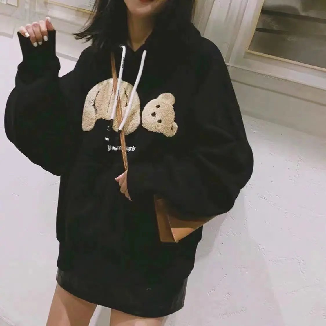 Bear Print Cotton Blend Pullover Hoodie - Mauve - Gallery Image 12 - Detailed View