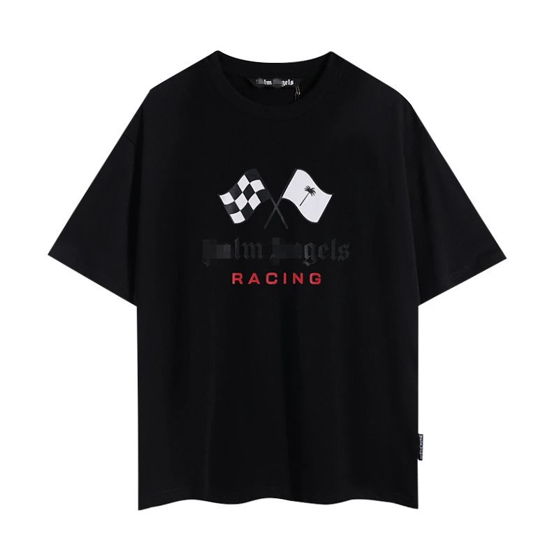Racing Flag Graphic Streetwear Cotton T-Shirt Black Red - Palm Angels - Cnfans - $20.32