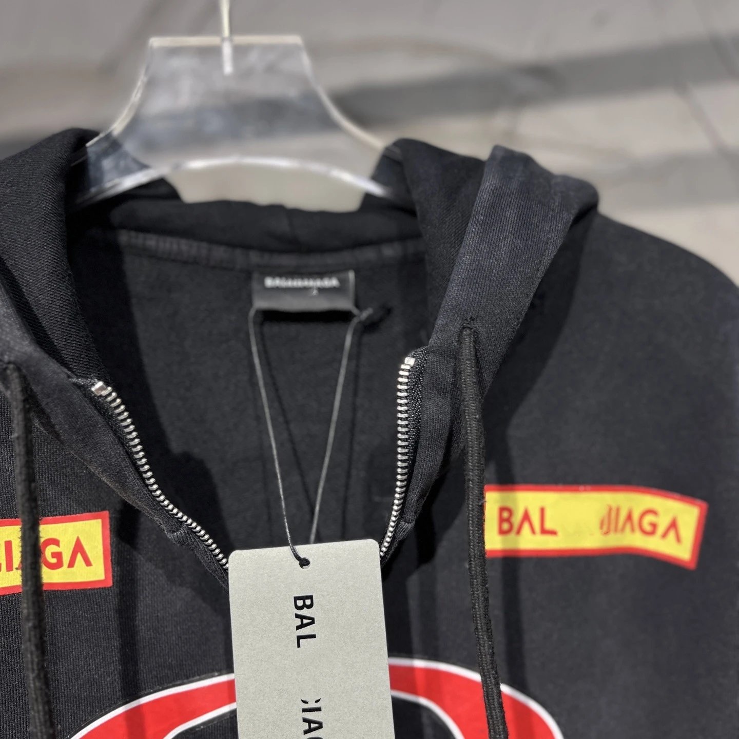 Unisex Oversized Distressed Graphic Zip Hoodie, Washed Black - Gallery Image 3 - Detailed View