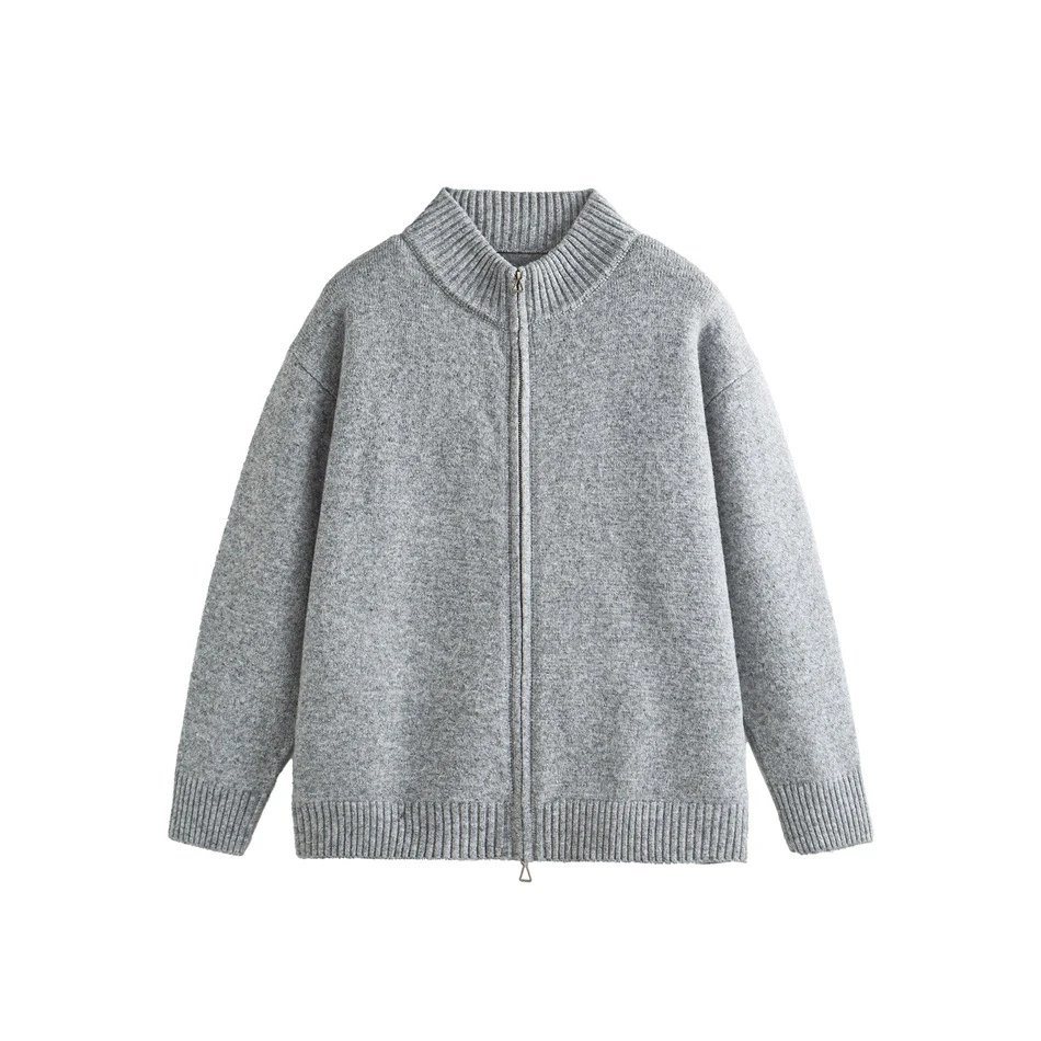 Unisex Retro Knit Full-Zip Cardigan Fall Sweater Onyx Black - Gallery Image 2 - Detailed View