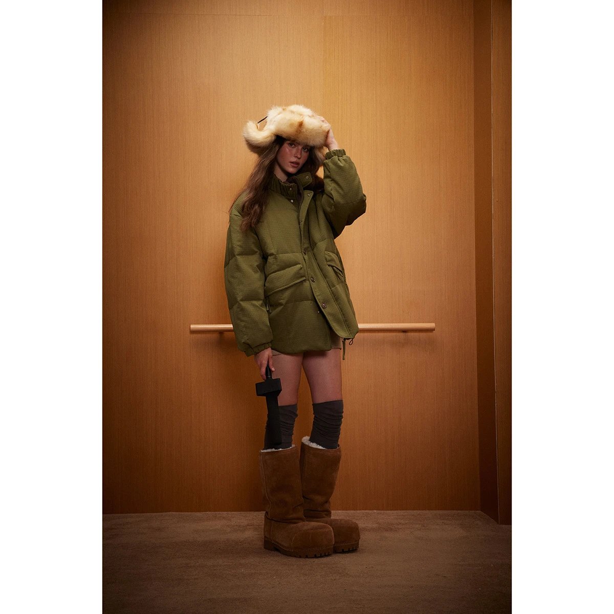 Retro Loose Unisex Down Puffer Jacket, Stand Collar, Olive Green - Gallery Image 2 - Detailed View