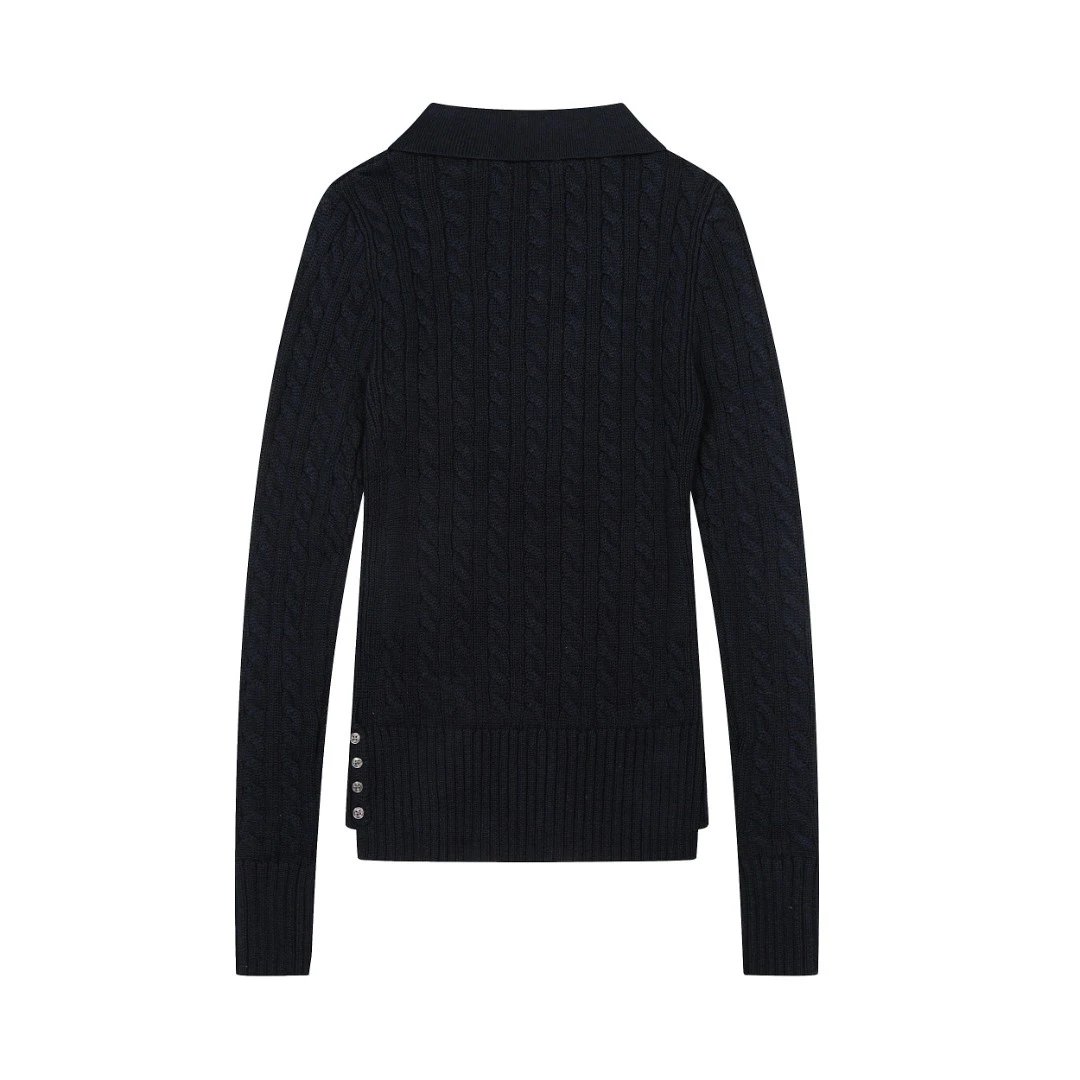 Cable Knit Polo Sweater Classic Navy - Gallery Image 5 - Detailed View