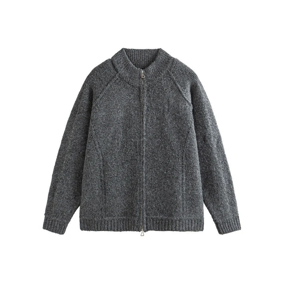 Fall Winter Unisex Full-Zip Retro Knit Sweater Cardigan Ash Grey - Gallery Image 6 - Detailed View