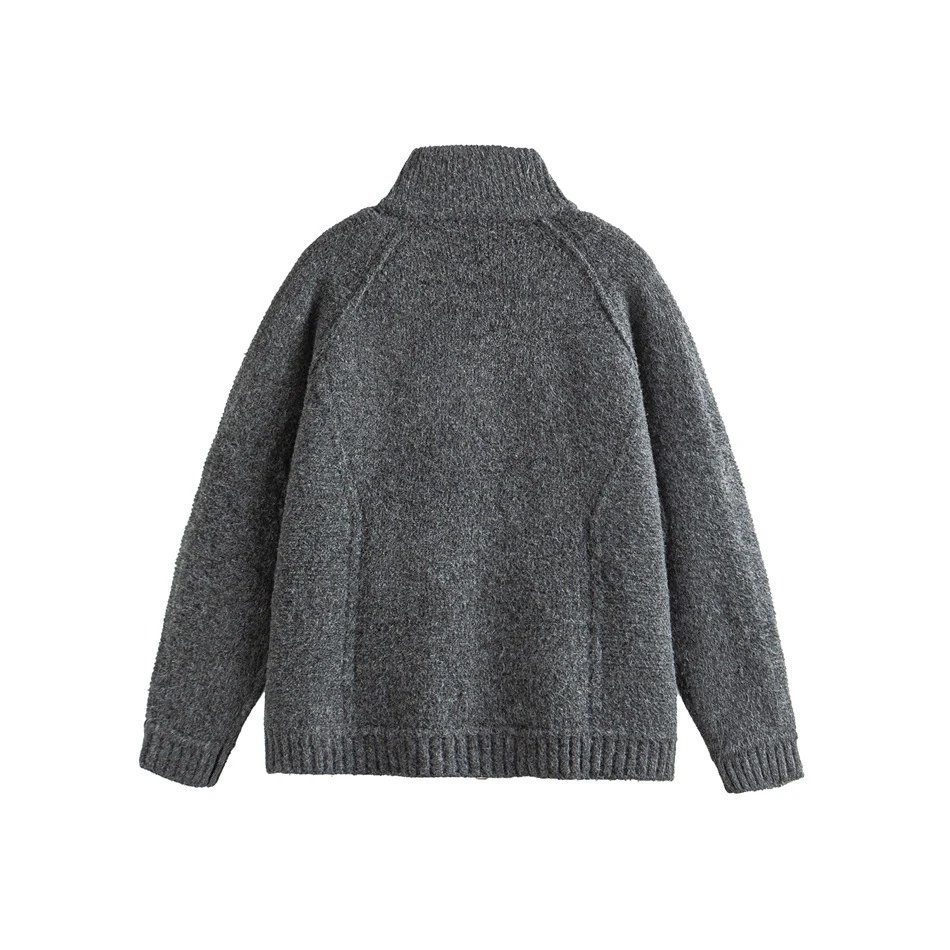 Fall Winter Unisex Full-Zip Retro Knit Sweater Cardigan Ash Grey - Gallery Image 7 - Detailed View