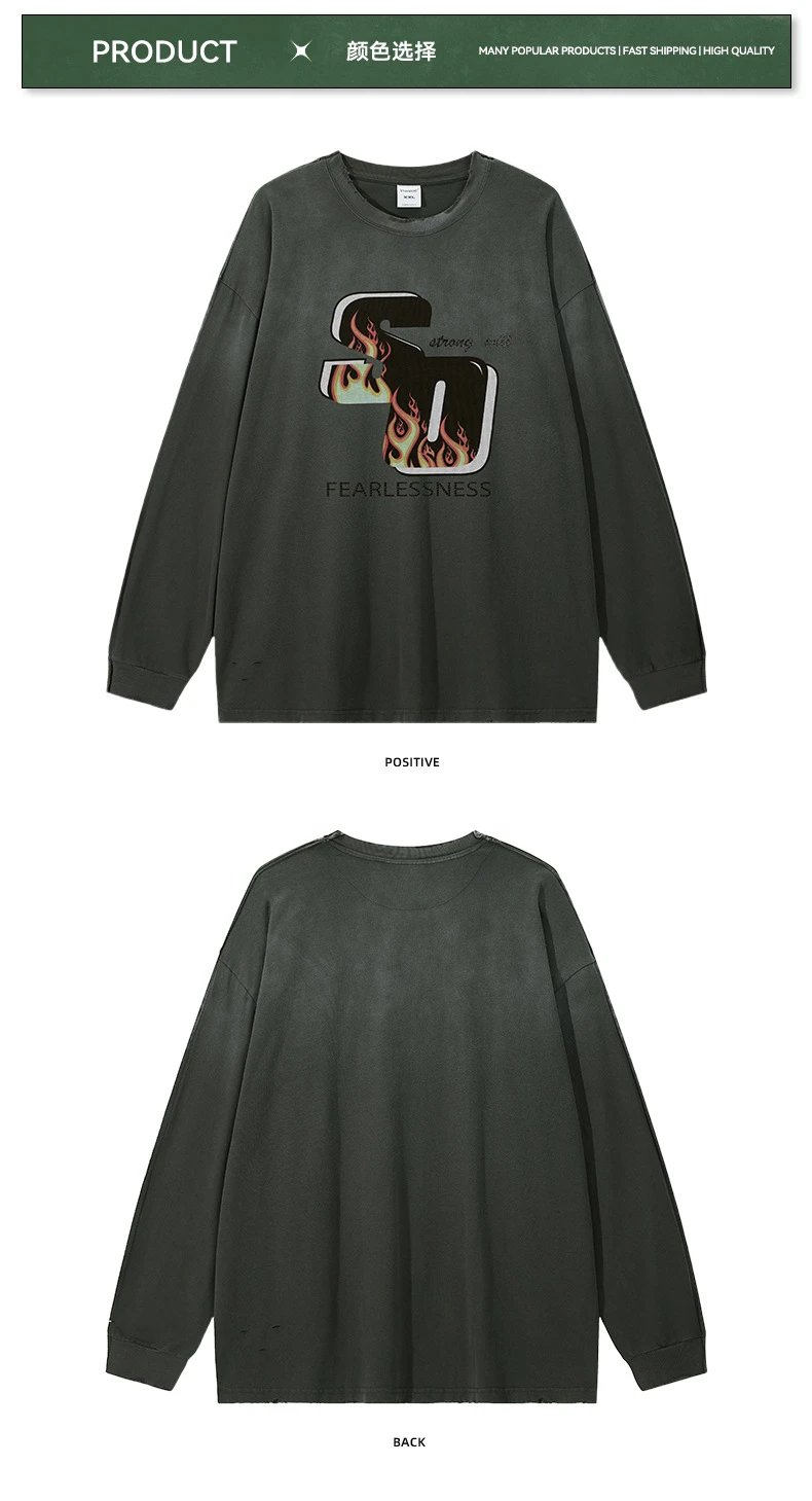 Men's Cotton Long Sleeve Tee Vintage Style Dark Gray - Gallery Image 12 - Detailed View