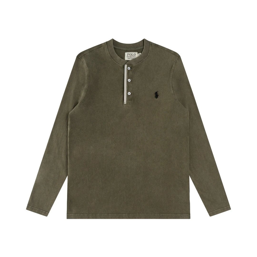 Men's Henley Cotton Long Sleeve Tee, Olive - Ralph Lauren - Cnfans - $33.87