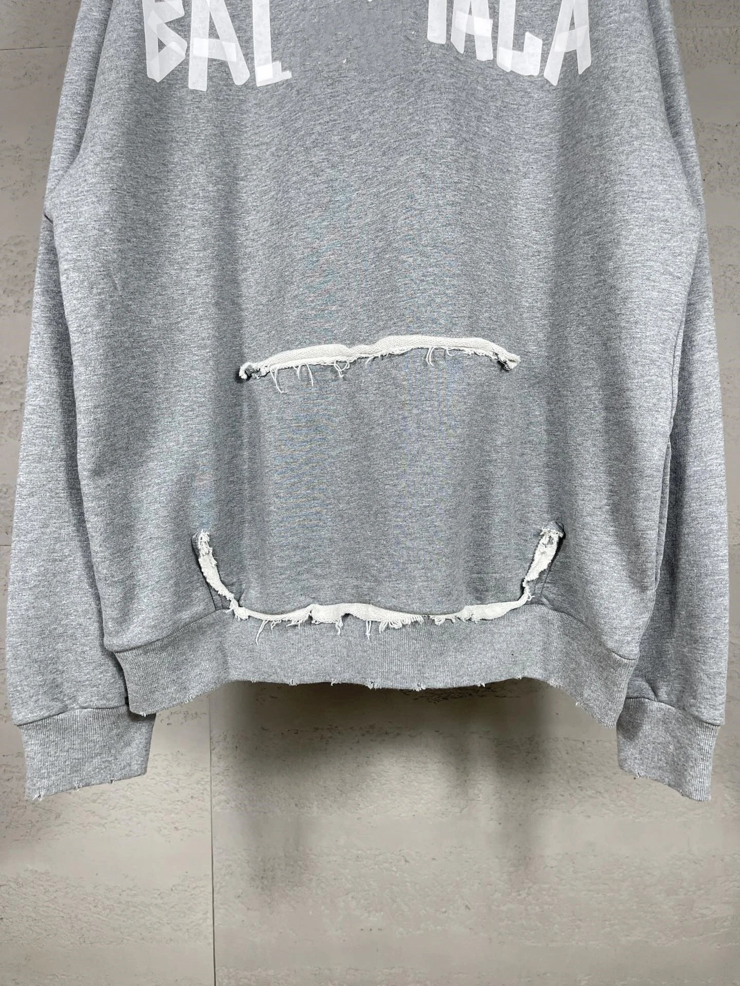 Unisex Oversized Distressed Hoodie, Smile Pocket, Ash Grey - Gallery Image 5 - Detailed View