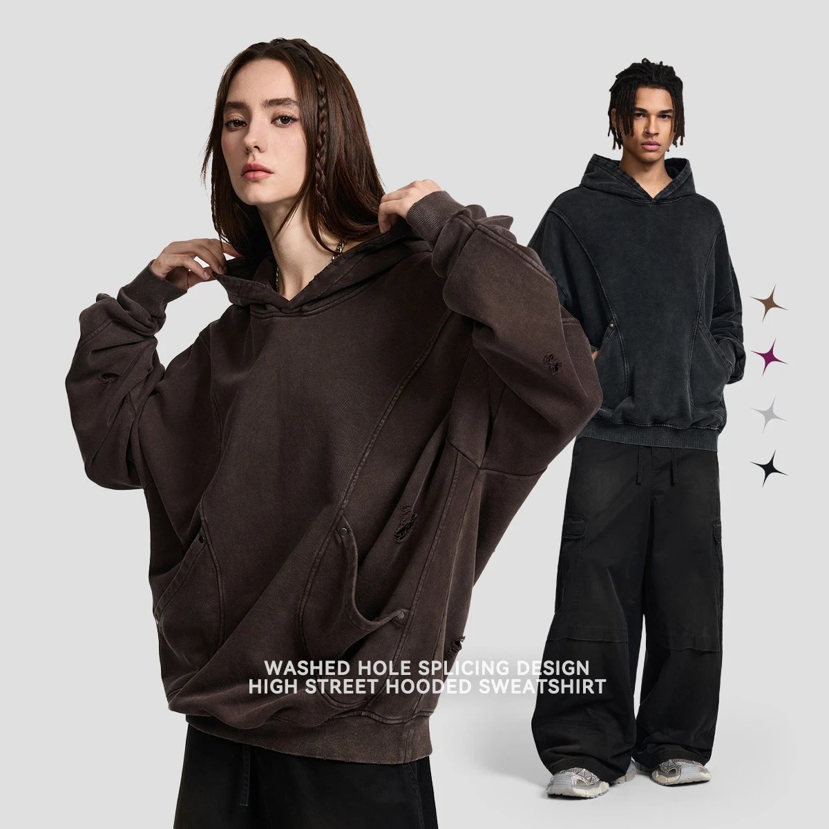 CHAOKEXI Washed Distressed Hoodie Multicolor - Gallery Image 1 - Detailed View