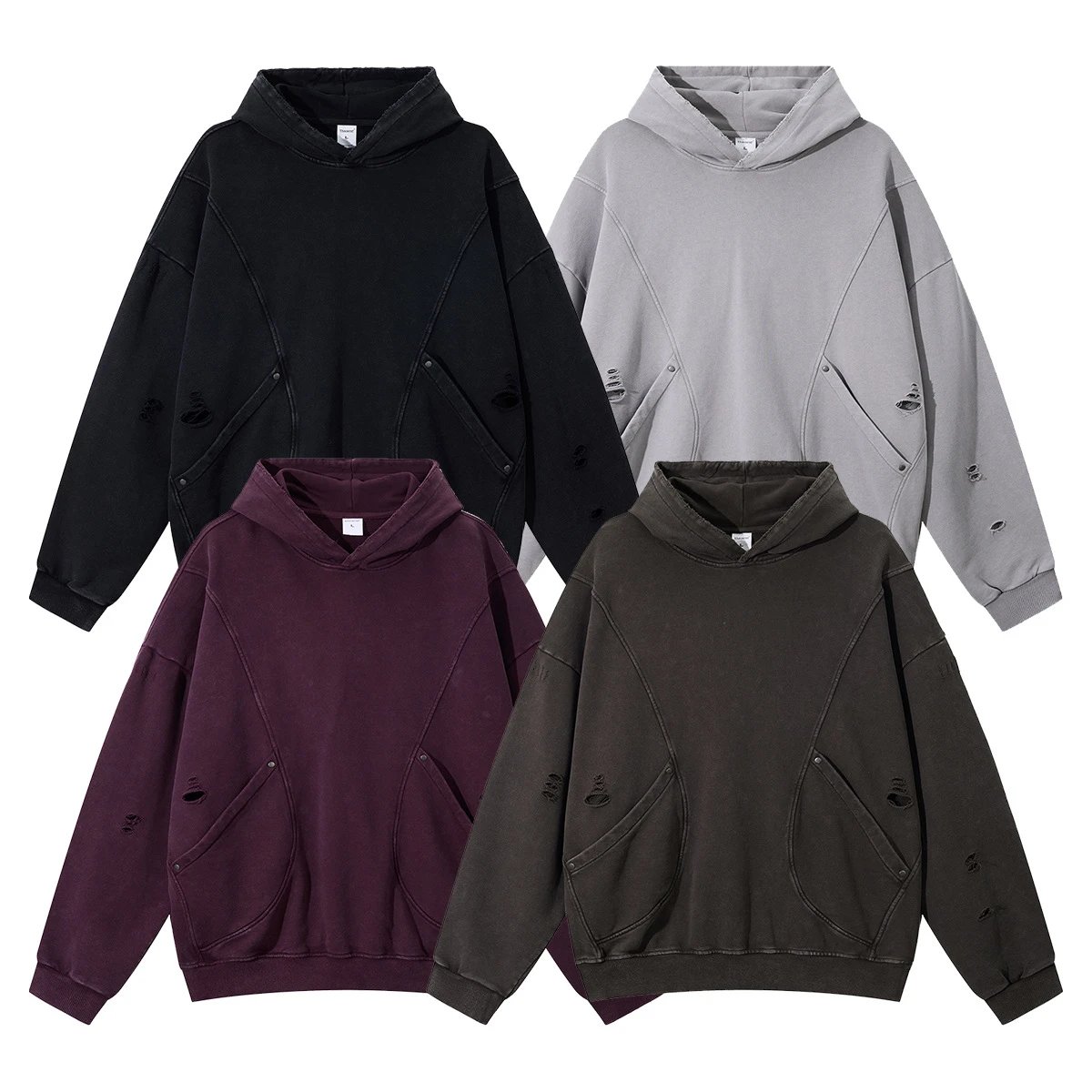 CHAOKEXI Washed Distressed Hoodie Multicolor - Gallery Image 4 - Detailed View