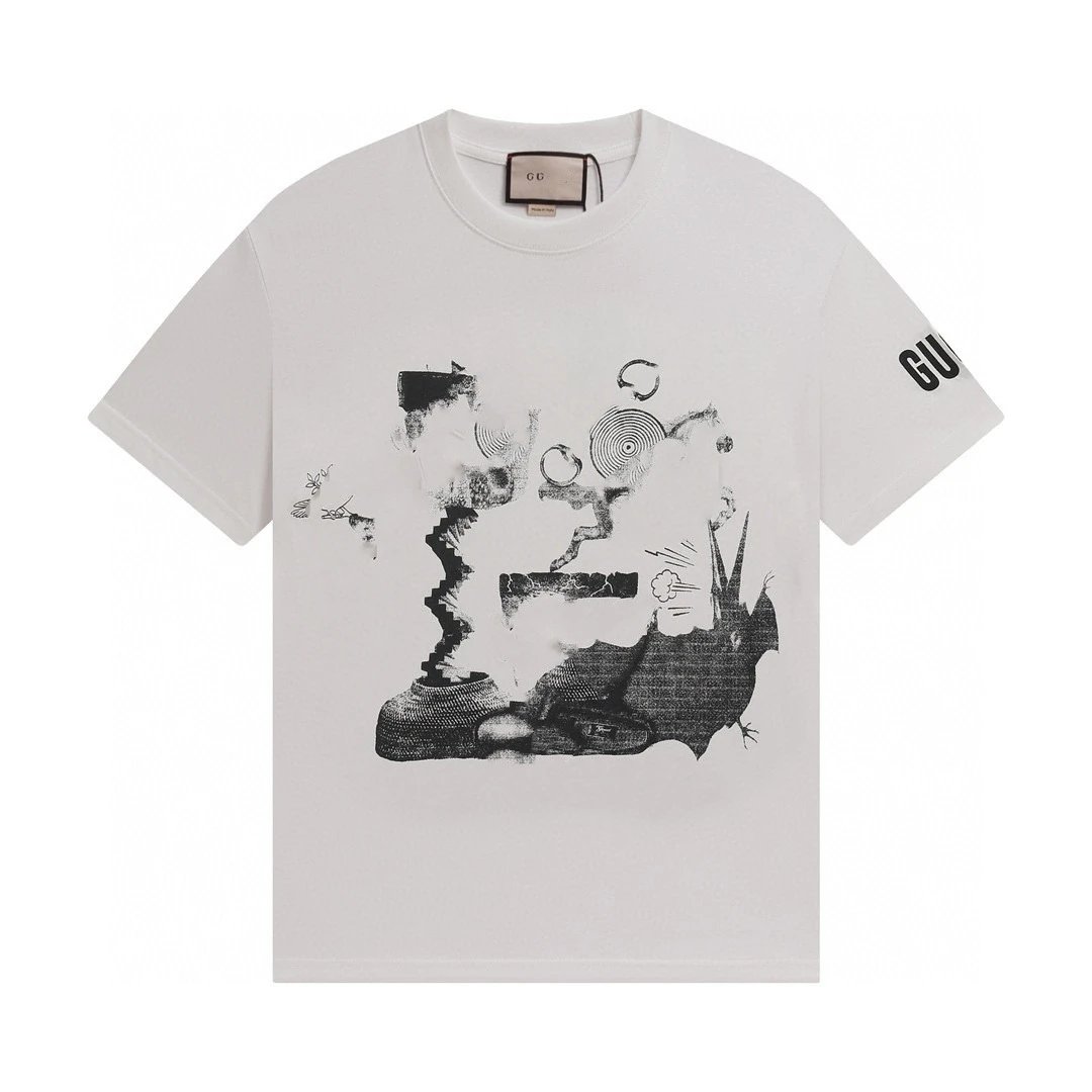 Men's Print Cotton Tee Casual Short Sleeve Top Ecru - Gucci - Cnfans - $21.94