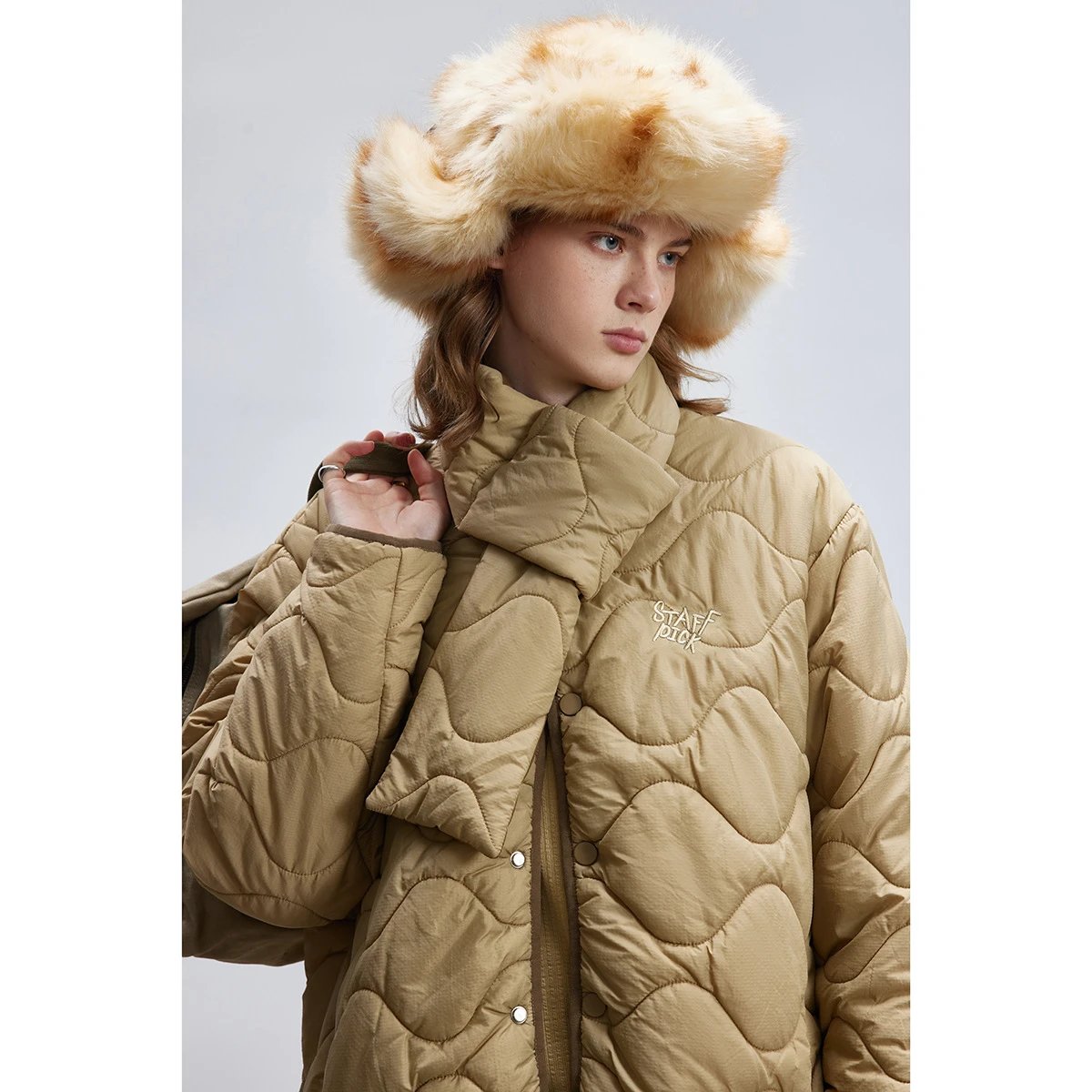 Retro Unisex Winter Quilted Padded Jacket Desert Taupe - Gallery Image 2 - Detailed View