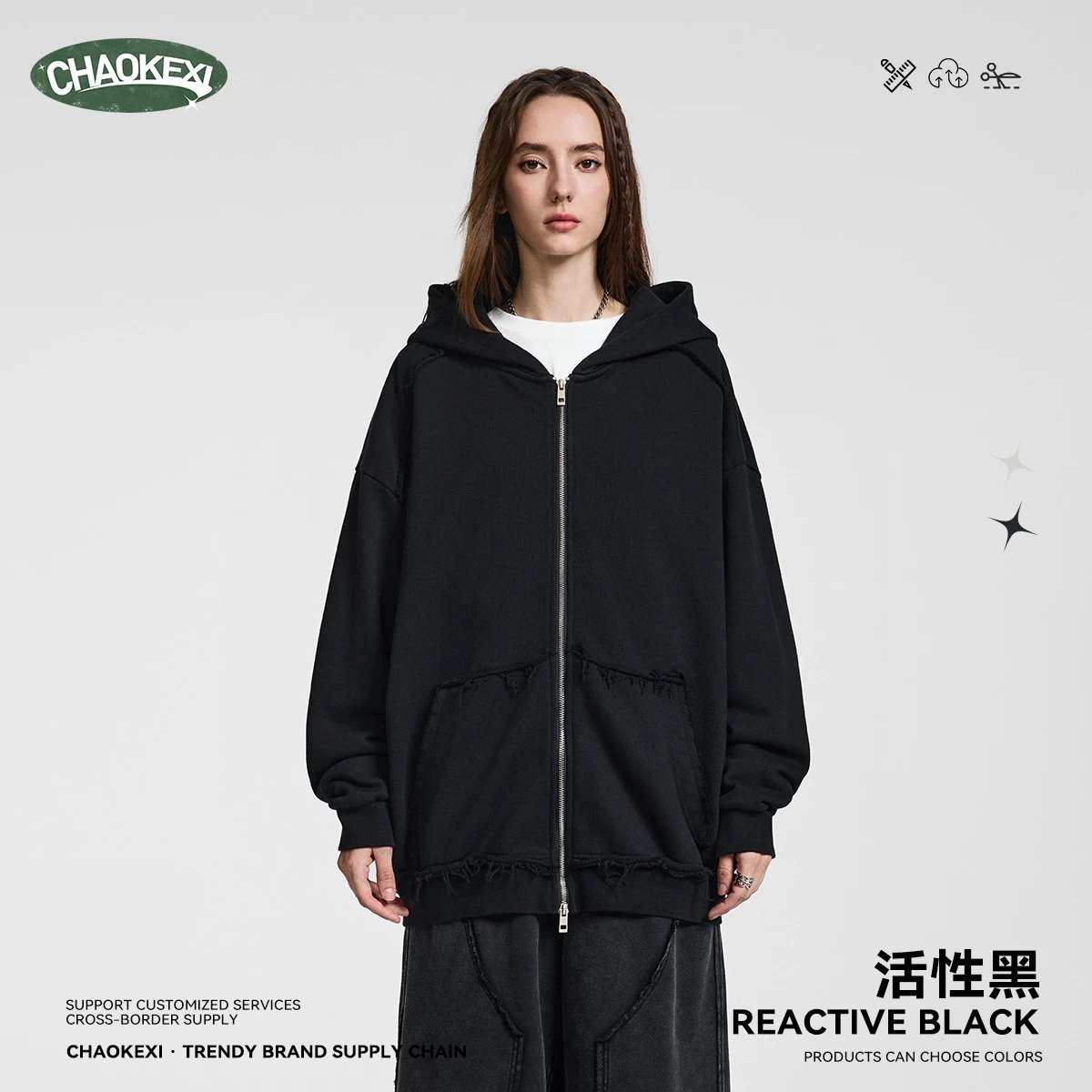 Retro Cotton Zip Up Hoodie Unisex Athleisure Onyx - CHAOKEXI - Cnfans - $38.06