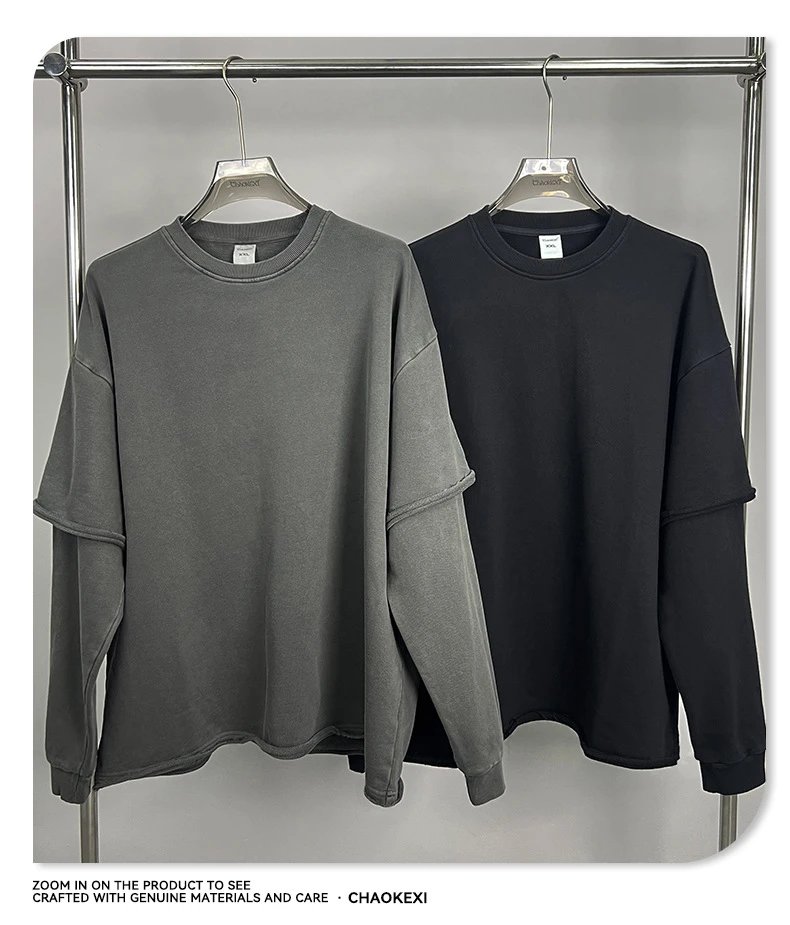 Men Boxy 420g Double Layer Fake Two-Piece Hoodie Charcoal - Gallery Image 11 - Detailed View