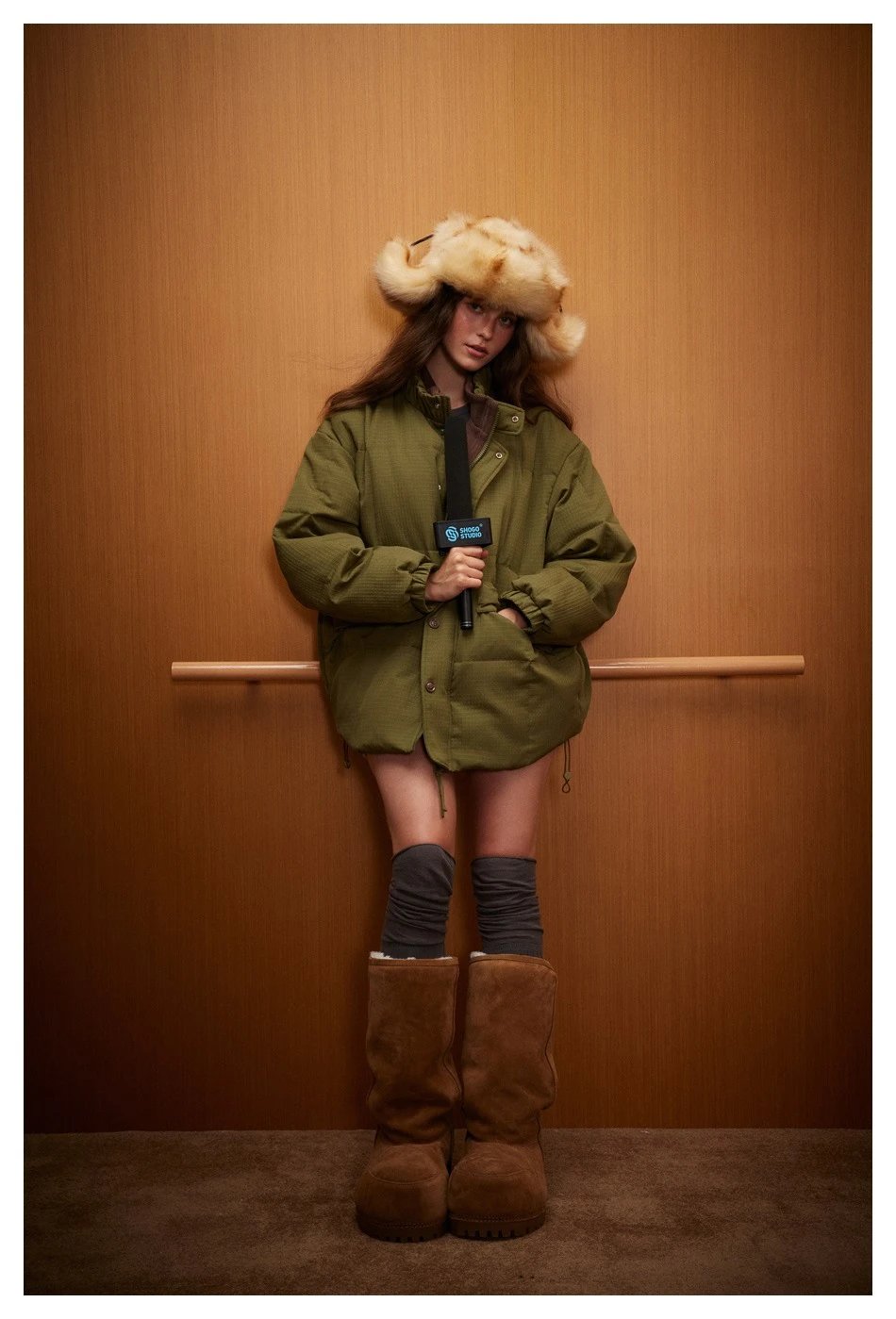 Retro Loose Unisex Down Puffer Jacket, Stand Collar, Olive Green - Gallery Image 1 - Detailed View