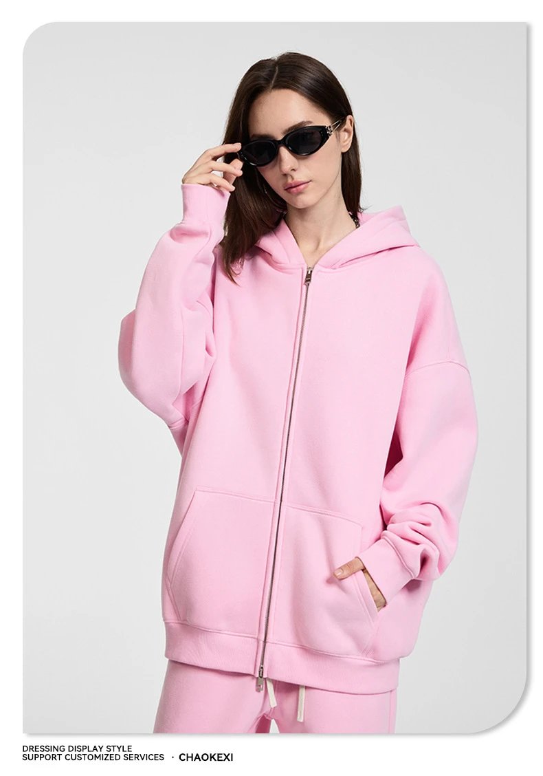 Street Zip Fleece Hoodie Fall Winter Unisex Blush Pink - Gallery Image 12 - Detailed View