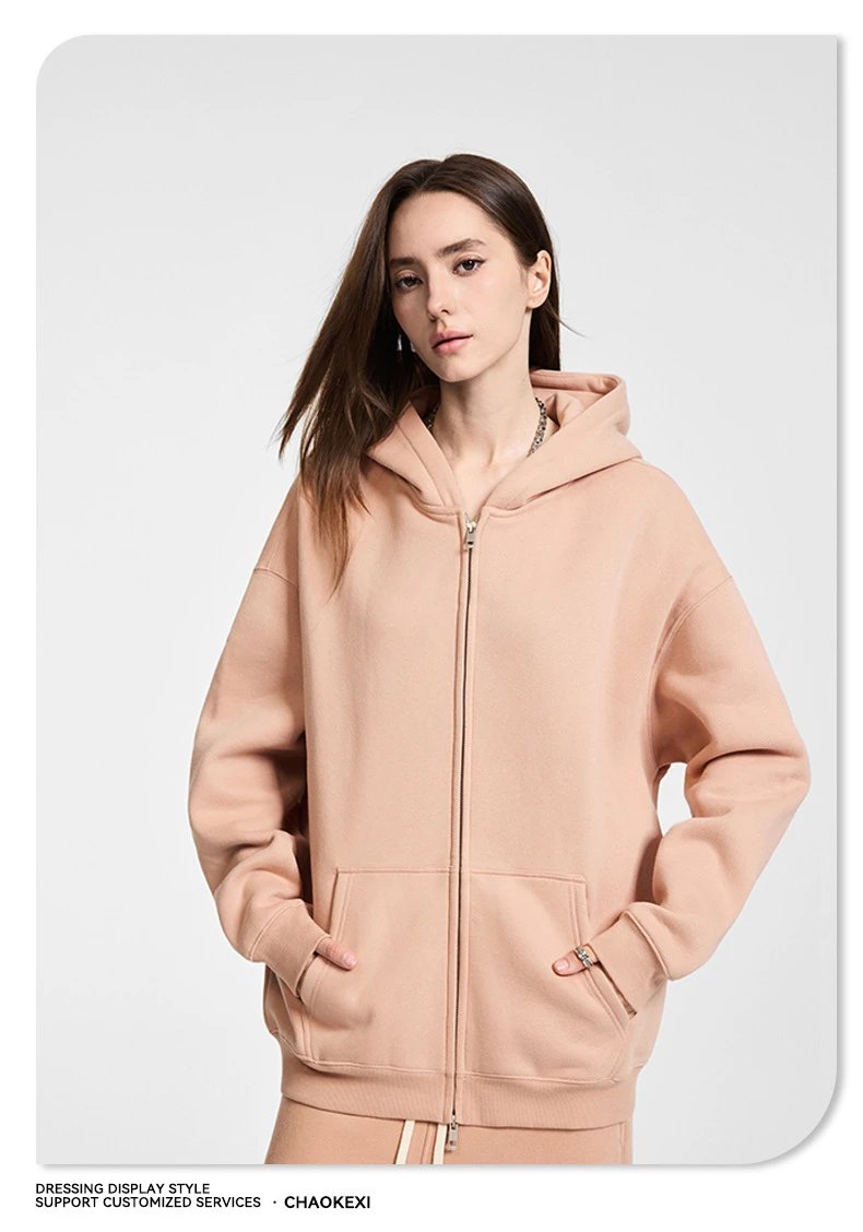 Street Zip Fleece Hoodie Fall Winter Unisex Blush Pink - Gallery Image 9 - Detailed View