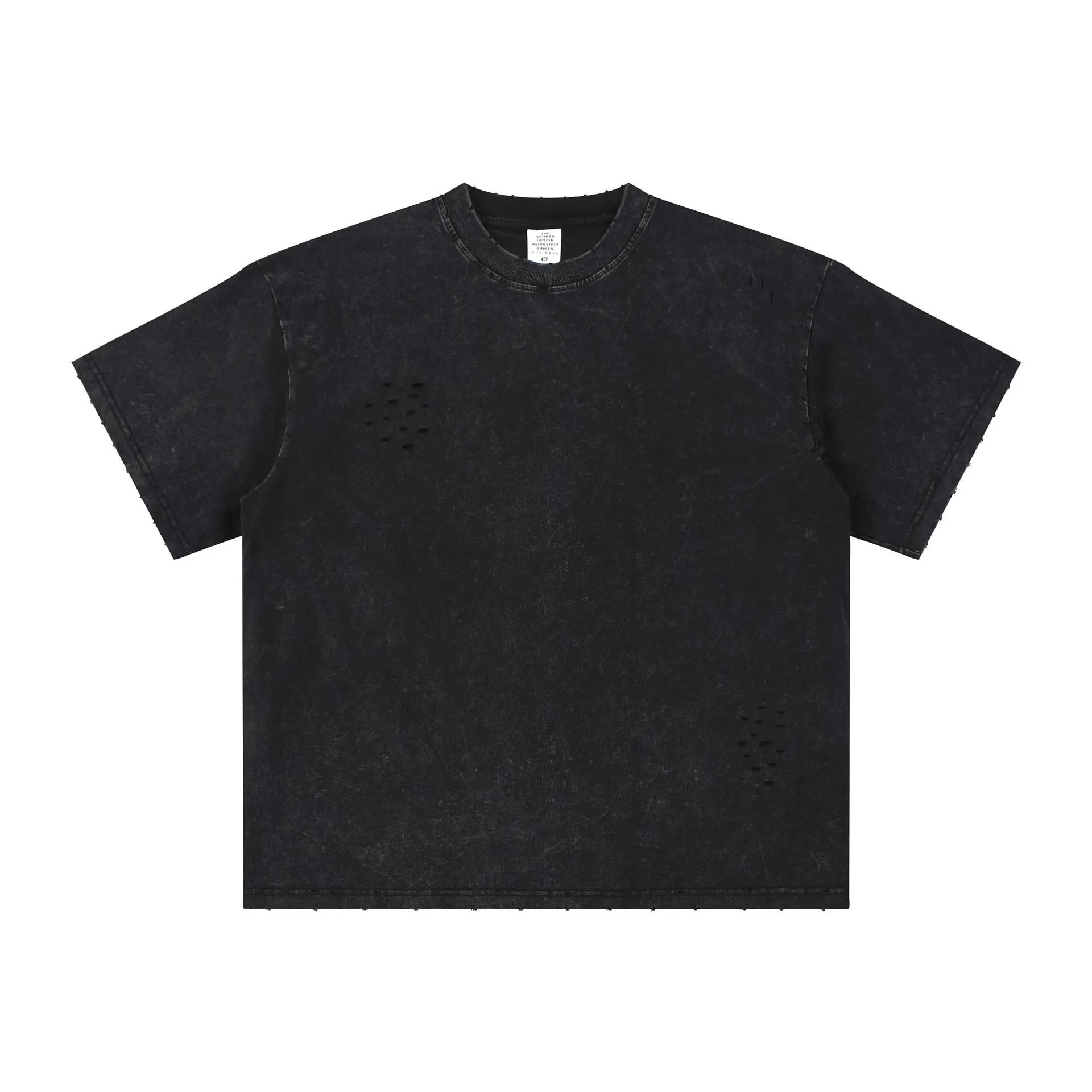 Vintage Distressed Cotton Tee, Washed Black - CHAOKEXI - Cnfans - $18.95