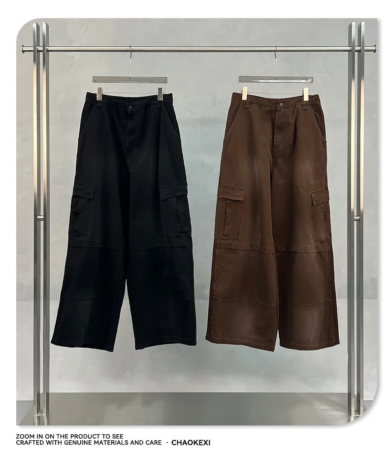 Vintage Cargo Pants Mens Autumn Wide Leg Coffee Brown - Gallery Image 6 - Detailed View