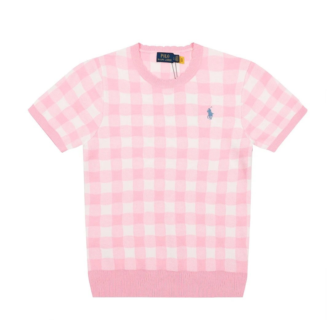 Summer Knit Plaid T-Shirt, Casual Top, Rose - Ralph Lauren - Cnfans - $26.45