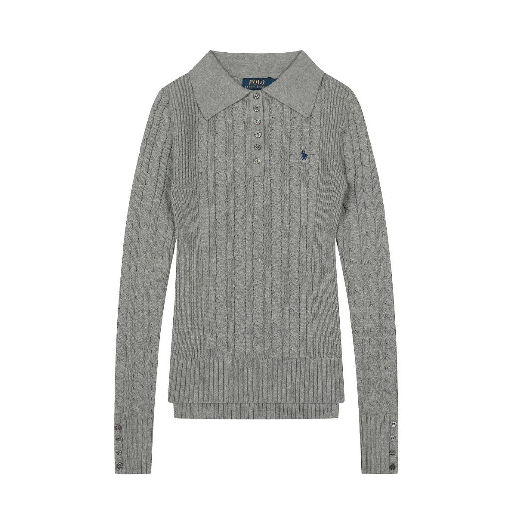 Cable Knit Polo Sweater Women's Cotton Heather Gray - Ralph Lauren - Cnfans - $42.58