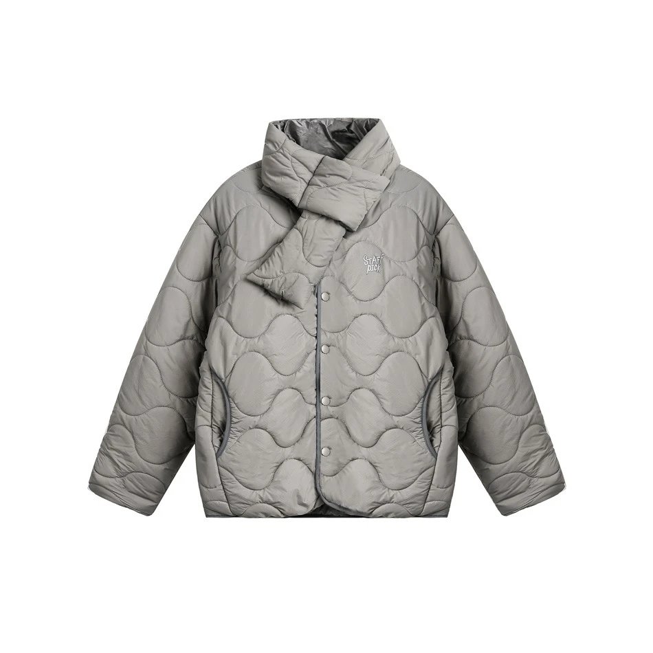 Unisex Retro Quilted Winter Jacket w/ Scarf, Warm Puffer Coat Stone Gray - High Quality Product Image - Cnfans