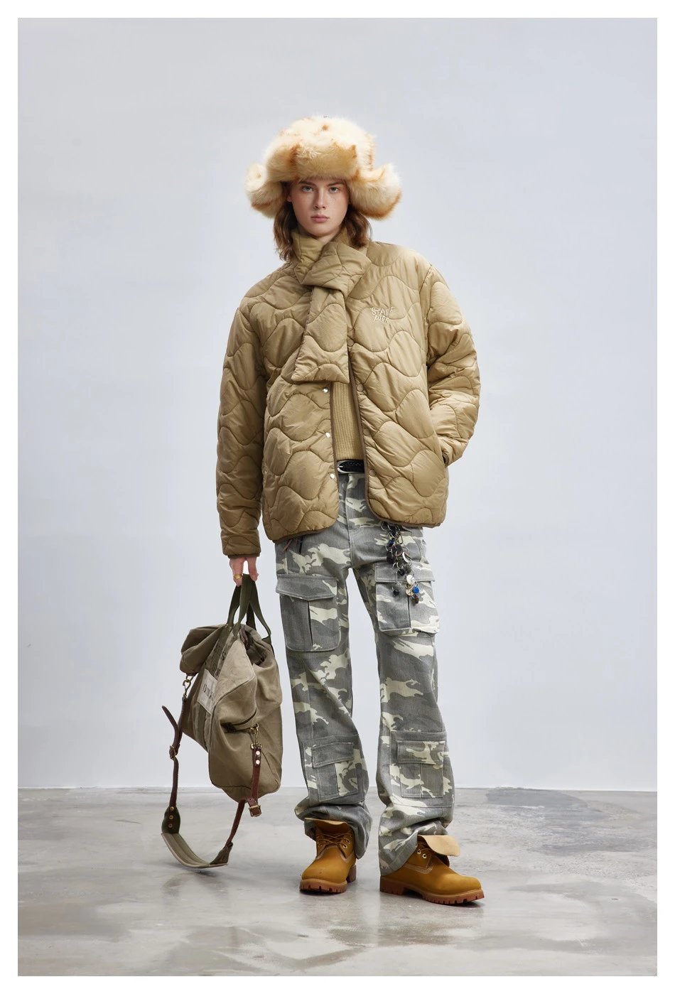 Retro Unisex Winter Quilted Padded Jacket Desert Taupe - Gallery Image 5 - Detailed View