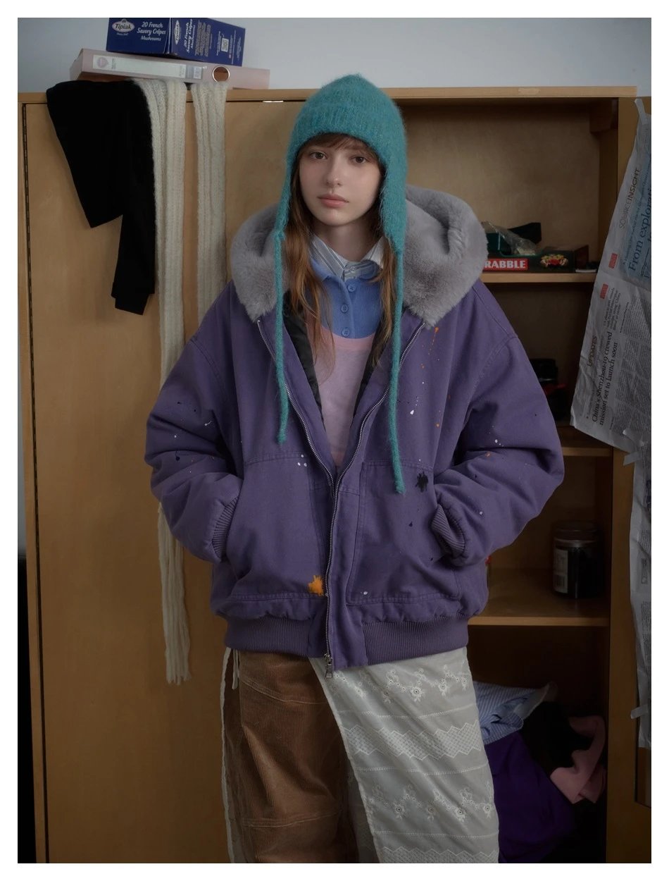 Unisex Winter Faux Fur Hooded Workwear Jacket, Amethyst - Gallery Image 5 - Detailed View