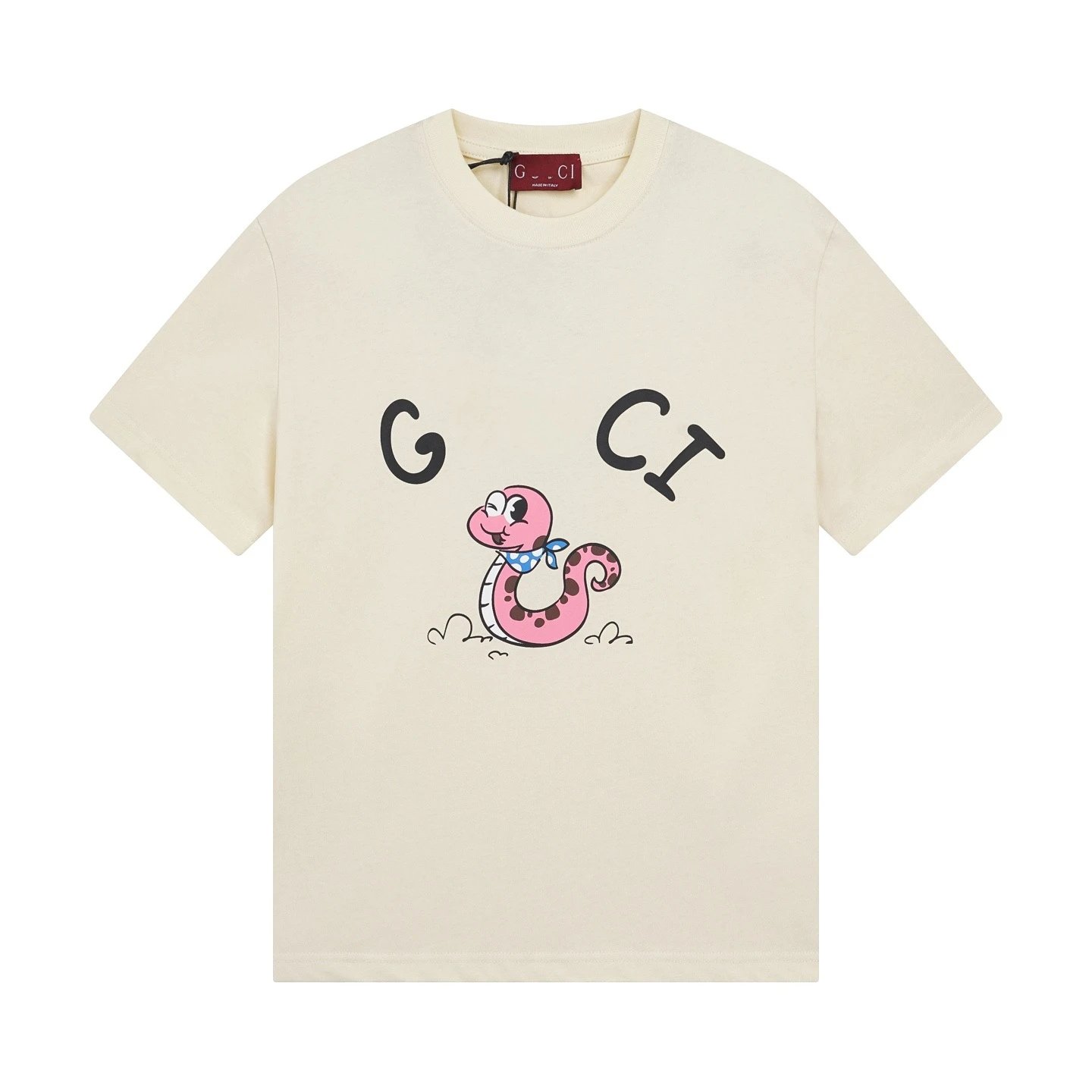 Unisex Cartoon Snake Graphic Soft Cotton Tee Ecru - Gucci - Cnfans - $21.94