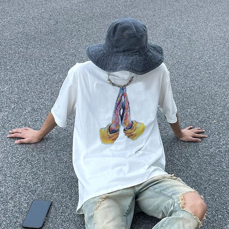 Praying Hands Graphic Streetwear T-Shirt Azure Blue - Gallery Image 14 - Detailed View