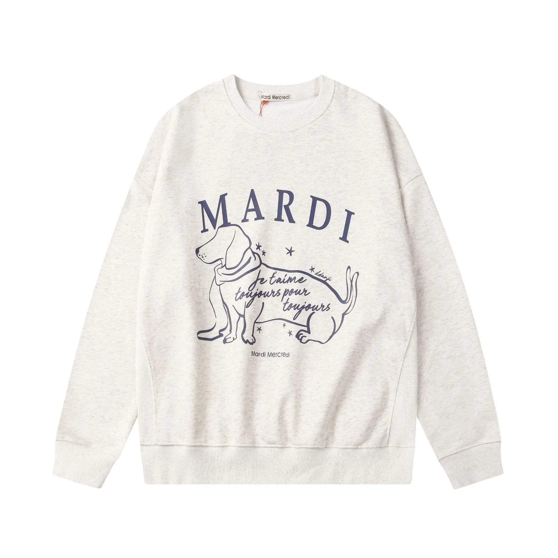 Unisex Korean Graphic Crewneck Sweatshirt, Dachshund Print, Ash Grey Marl - Mardi Mercredi - Cnfans - $26.45