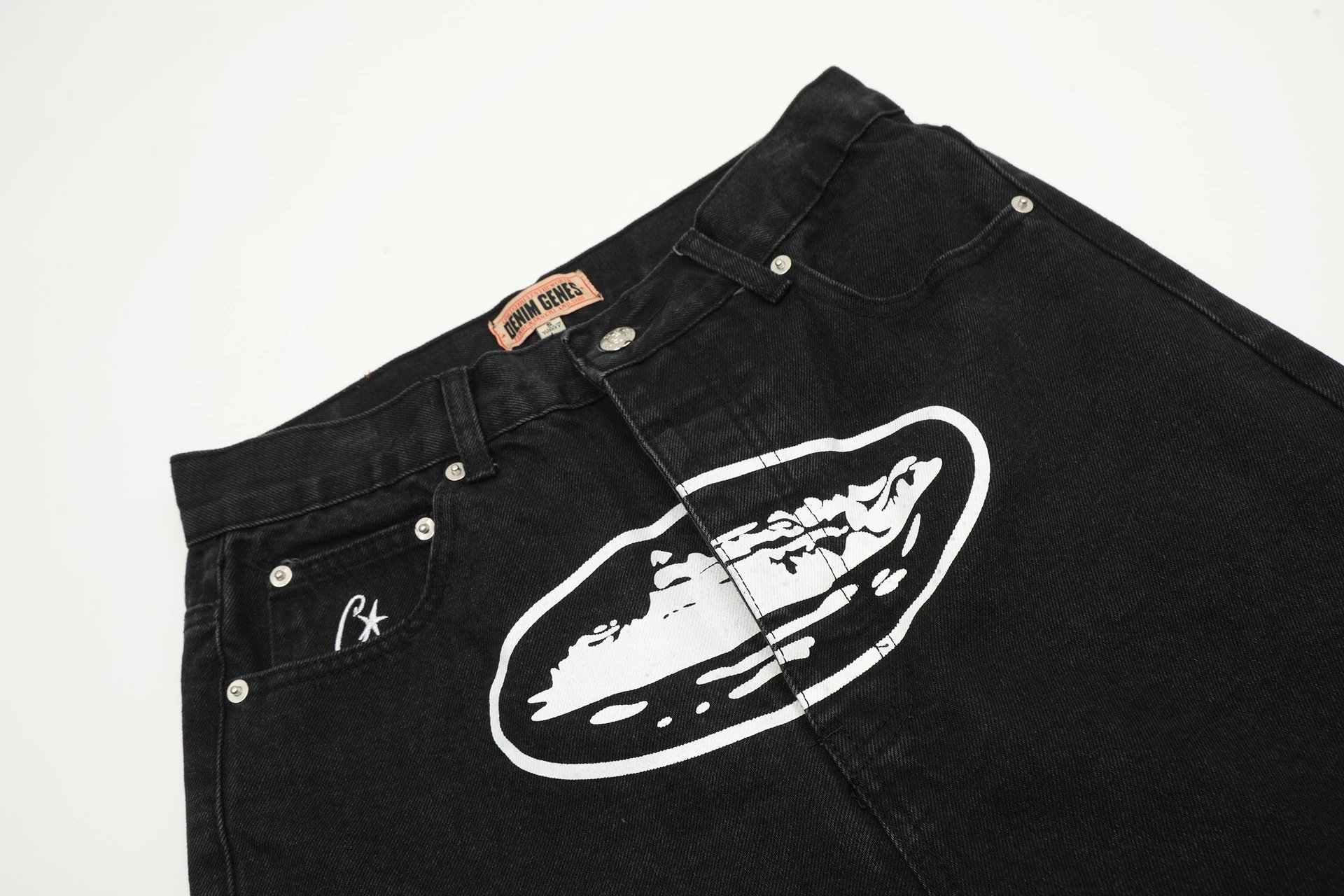 Graphic Denim Culottes Street Style Jet Black - Gallery Image 8 - Detailed View