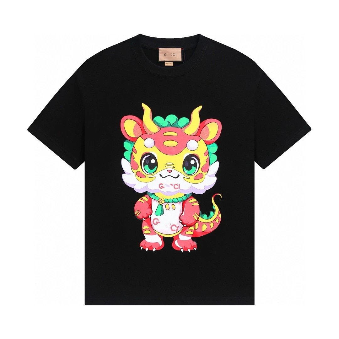 Unisex Cotton Summer Dragon Graphic Tee, Onyx Black - Gucci - Cnfans - $21.94