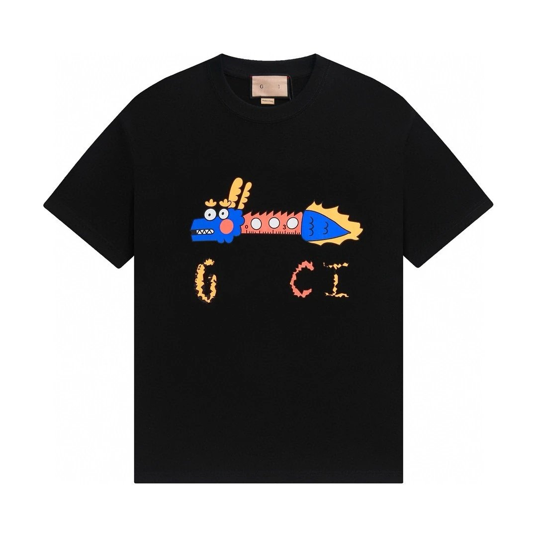 Unisex Cartoon Dragon Graphic Short Sleeve Tee Onyx Black - Gucci - Cnfans - $21.94
