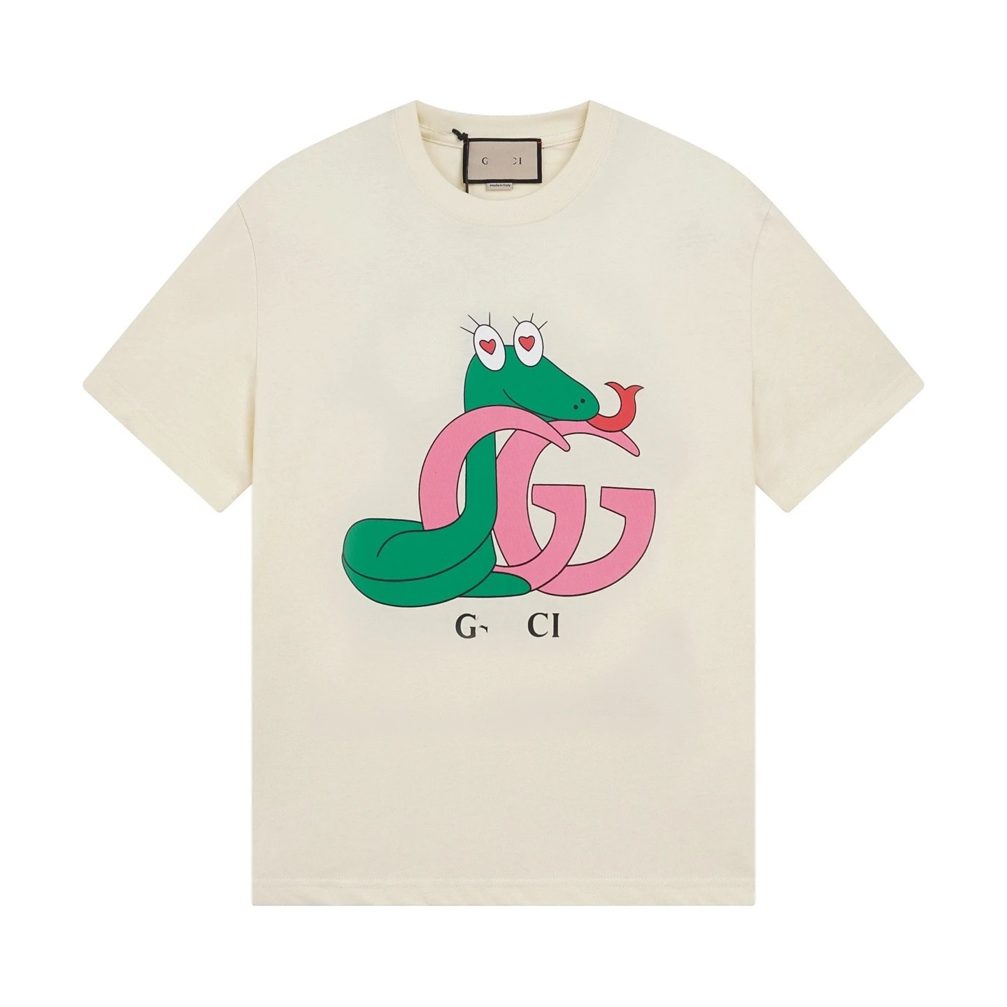 Unisex Summer Cartoon Snake Graphic Short Sleeve Tee, Pale Ivory - Gucci - Cnfans - $21.94