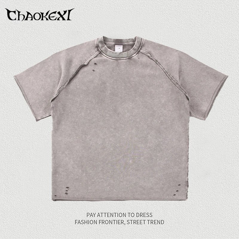 Distressed Cotton Mens Tee, Summer, Medium Gray - CHAOKEXI - Cnfans - $23.23