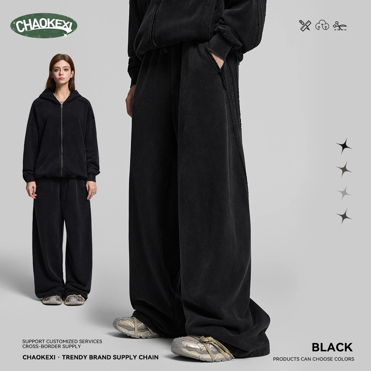 Wide Leg Cotton Lounge Pants Urban Style Jet Black - ChaoKeXi - Cnfans - $30.56
